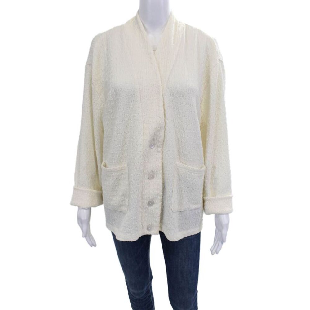 Designer Women Beige Mock Neck Button Jacket Long Sleeve Classic Size M